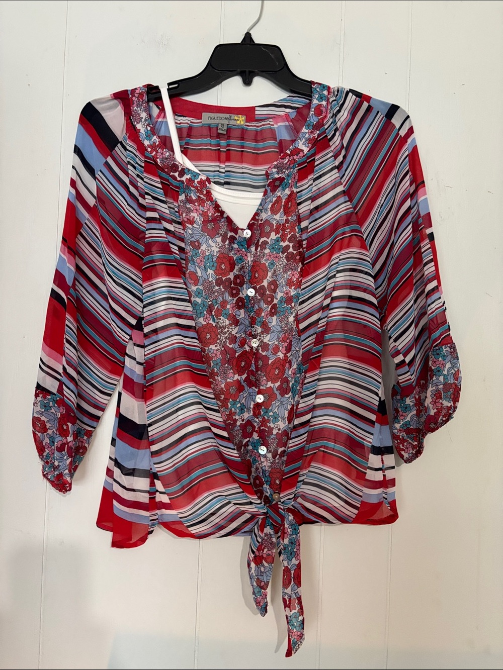 Tie-Front Striped & Floral Blouse in Red Multi